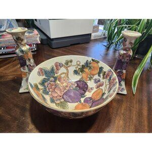 Vintage China Trader Floral & Fruit Bowl and Candlesticks Multicolored Good
